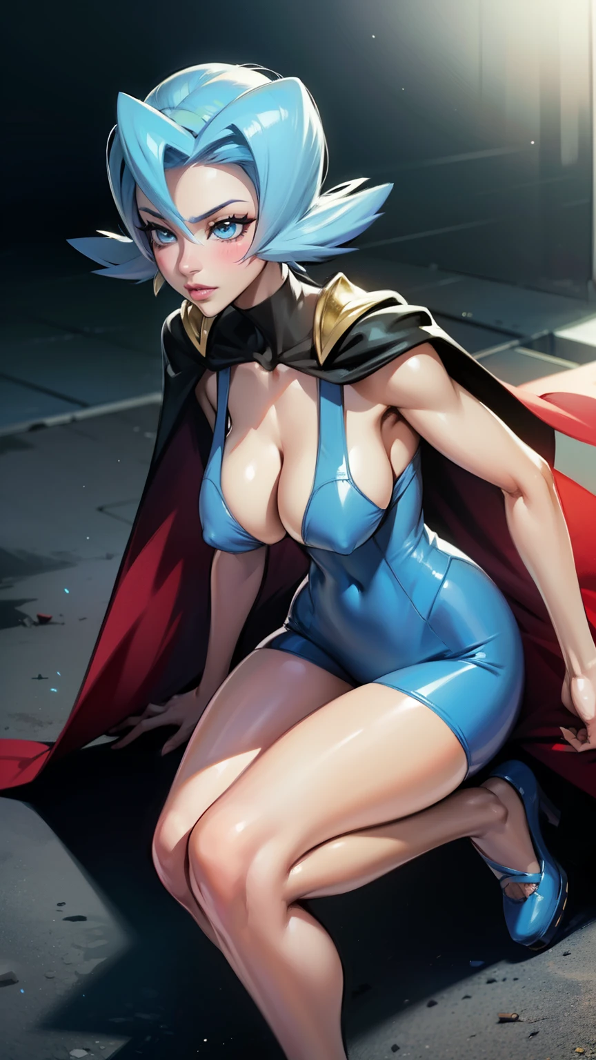 blush, smileglowing aura, natural light, masterpiece, glossy skin, juicy lips , sexy, hot, cleavage, evil,juicy lips, bimbo, ((Clair)), pokemon, hour glass, blue hair, wide eyes, blue eyes, massive boobs, dark lighting, long hair, pink bow, platform shoes, bow in hair, light blue hair, juicy lips, blue tights, blackcape, (((disgusted)))