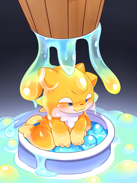 A male light orange cub,Only the head exposed in a bucket 充满银色slime,被slime覆盖,slime,light orange cuollars,被slime覆盖,Fell((充满银色slime)),kneeling,拿银色slime倒在脸上