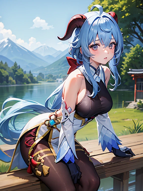 1 girl, Clean eyes, very wide eyed,Old Japanese town in the background of mountains, pretty face, permanent , Very posture, very young, Blue ponytail long hair, red goat horns,permanent
