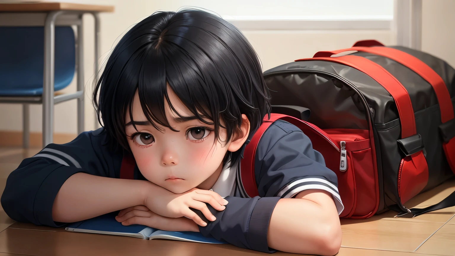 a ，black hair，blue school uniform，Carrying a red schoolbag，School，School，exhausted，Tired，crestfallen，Hands drooping，