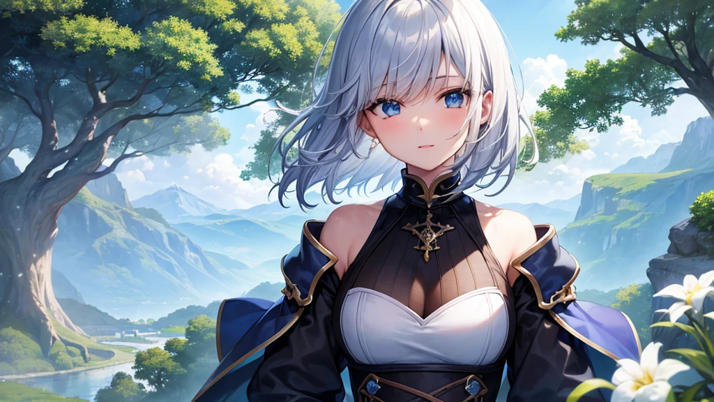 super high quality, with a girl, 20-year-old, とてもshort hair, long bangs between the eyes, pale blue eyes , blue sky, sunlight, very detailed,(masterpiece、highest quality)、alone、gray hair、laughter、White skin as clear as snow、fantasy, silver hair, black eye, beautiful eyes,, ecstasy, Charm, be smitten with audience, short hair,blue sky , sunlight,fantasyな風景,looking down from above、Knight's clothing