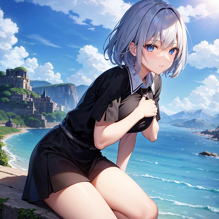super high quality, with a girl, 20-year-old, とてもshort hair, long bangs between the eyes, pale blue eyes , blue sky, sunlight, very detailed,(masterpiece、highest quality)、alone、gray hair、laughter、White skin as clear as snow、fantasy, silver hair, black eye, beautiful eyes,, ecstasy, Charm, be smitten with audience, short hair,blue sky , sunlight,fantasyな風景,looking down from above、Knight's clothing