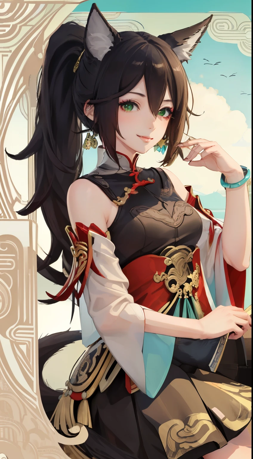 1girl, solo, (masterpiece, best quality:1.4), extremely detailed face, perfect lighting, tingyunhsr, green eyes, hair between eyes, ponytail, animal ears, fox tail, jewelry, dress, cleavage, bracelet, clothing cutout, cowboy shot,발가락,