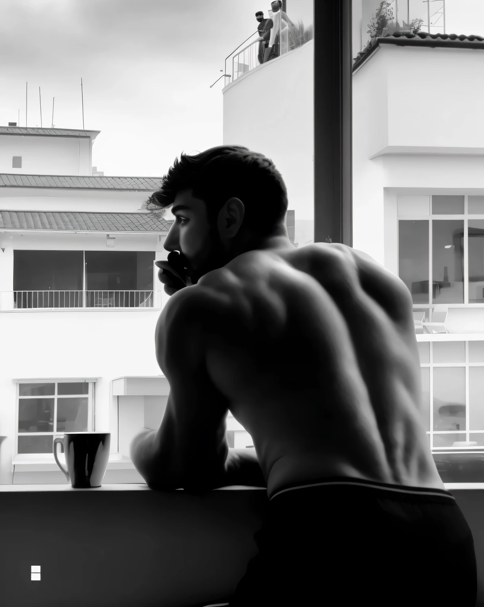 faaris azura sitting on a balcony with a cup of coffee, faaris azura back view, model pose faaris azura, late morning