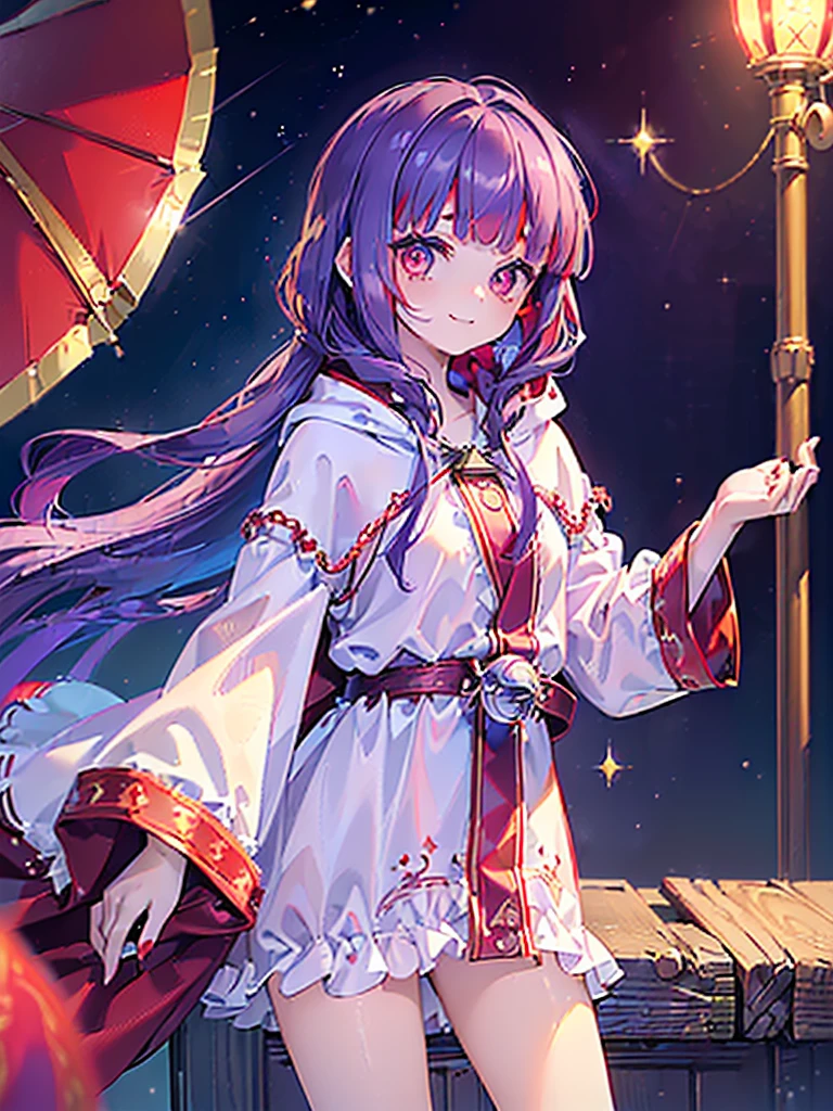 ((((Princess of Moonberg)))), ((1little girl)), ars, ((drooing eyes)),(((deep purple hair))), ((Blunt bangs)), (Fluffy long hair), (Deep red eyes), Pearl earrings,
((((red hood)))), (Lotto emblem on hood), (((Red Stall))), ((White robe with red edging)),
full body shot, Super detailed shots, The Magic of Blizzard, a smile, New Year,