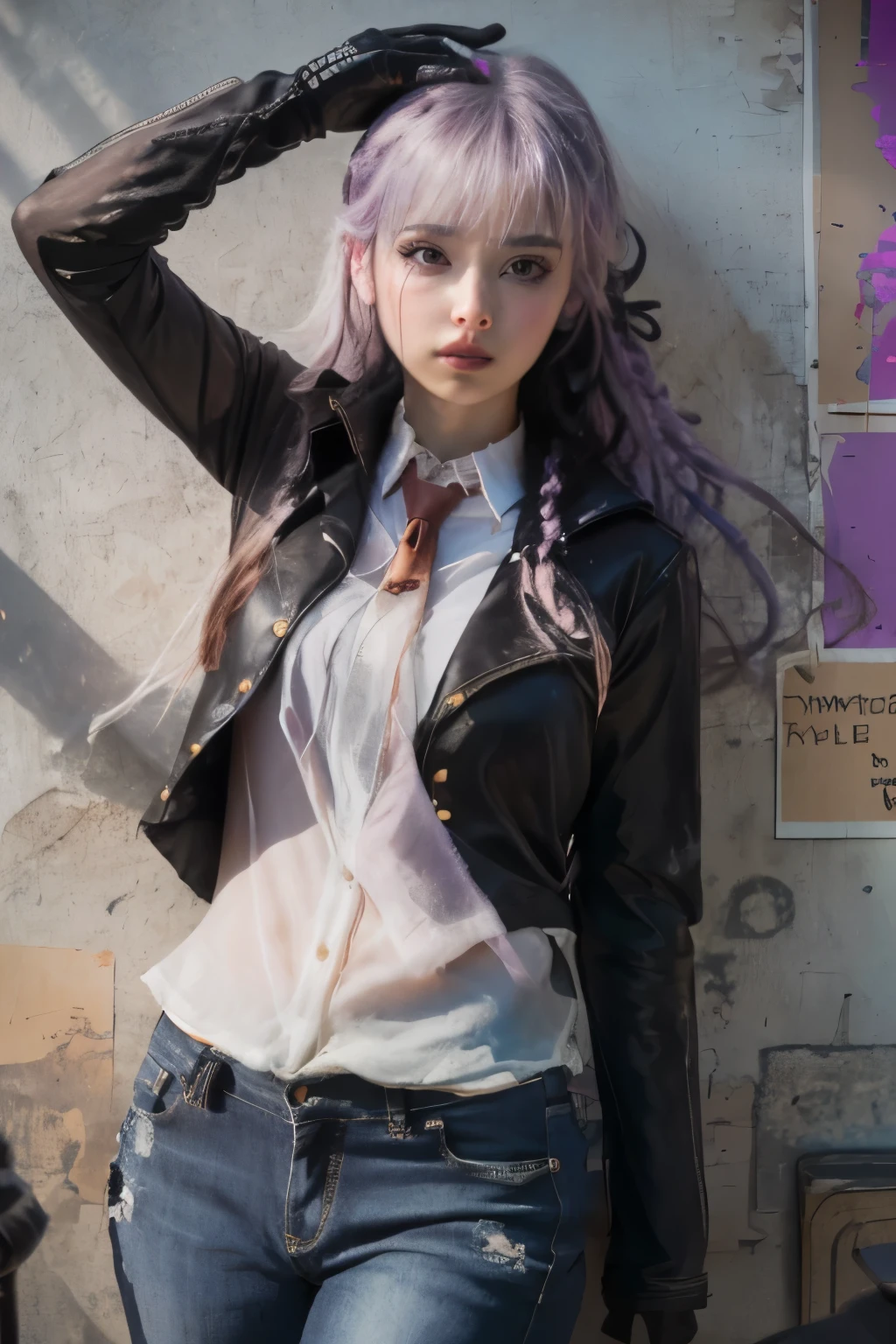 "A high-resolution, ultra-high quality photographic masterpiece features Kirigiri Kyoko, un personaje de la serie 'Danganronpa'. En la imagen, She is depicted with meticulous detail and stunning realism.. Her long purple hair is neatly braided on the side., con un flequillo contundente que enmarca su rostro. Lleva una cinta negra y viste una chaqueta de moto negra con mangas largas, guantes negros y una minifalda plisada del mismo tono. Sus botas largas negras completan su atuendo, que se destaca en un escenario callejero con un toque de ambiente natural.
Kirigiri Kyoko se encuentra en una pose seductora, looking directly at the viewer with a mischievous and flirtatious expression, estableciendo un contacto visual penetrante. La imagen captura a esta chica latina desde una perspectiva baja, mostrando su figura completa desde los pies hasta el cuerpo, highlighting his white shirt and brown tie.
El entorno resalta el escorzo y el contraste, adding depth to the composition. This realistic photo presents Kyoko Kyirigiri as a captivating character who challenges the eye with her magnetic presence and unique style."