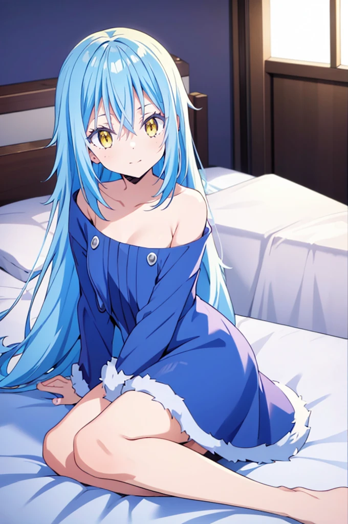 1 girl, rimuru tempest, Rimuru&#39;s female body solo, long hair, yellow eyes, looking at the viewer, bangs,  sitting on the bed，Completely naked,Kupaa