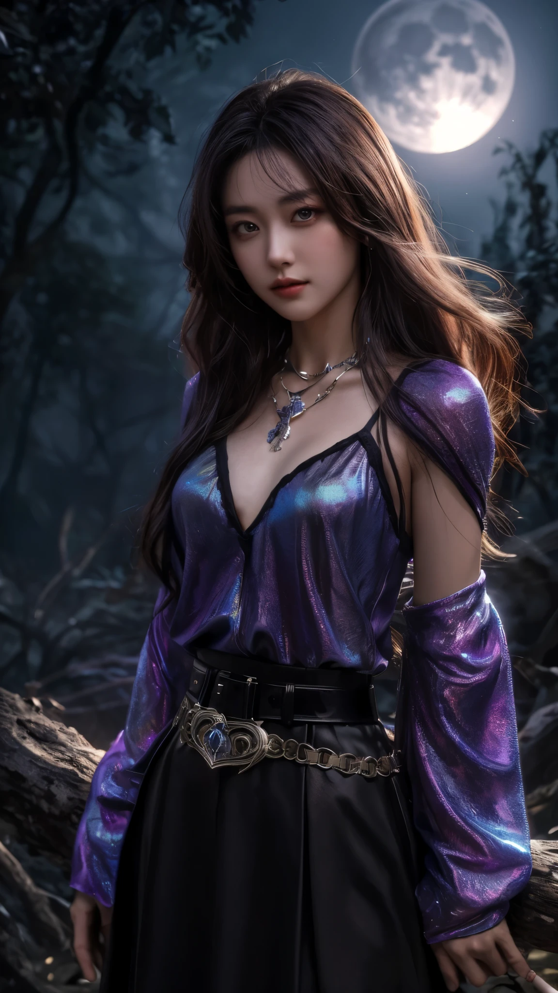 Beautiful 20 year old woman, Dreamlikeart, highly detailed airbrush art (((surreal)), intricate details, volumetric lightinasterpiece: 1.2), (best quality), 4K, ultra detailed, (dynamic composition: 1.4), highly detailed colorful details, (iridescent colors: 1.2), (bright lighting, atmospheric lighting), dreamy, magical, dynamic composition, ray tracing, specular lighting, shallow depth of field, crazy details, hyper-detailed, mixing exposure, HDR, In a battle against the Abyss' invasion, made a deal with an Evil God and gained immortality in the power of shadow, she'd been hiding among the shadows, silently waiting for the appearance of the Heart of Anima–a broken piece from the Twilight Orb that was said to be the key to retrieving her lover's soul, strong moonlight forest atmosphere, cop shirt printed top, black belt skirt, abyssal necklace, main outfit color is purple, black is second color, cowboy shot, midshot, centered image, eye on camera, look at the viewer, front look, closer, brown fluffy hair, gorgeous hair, tiny chest