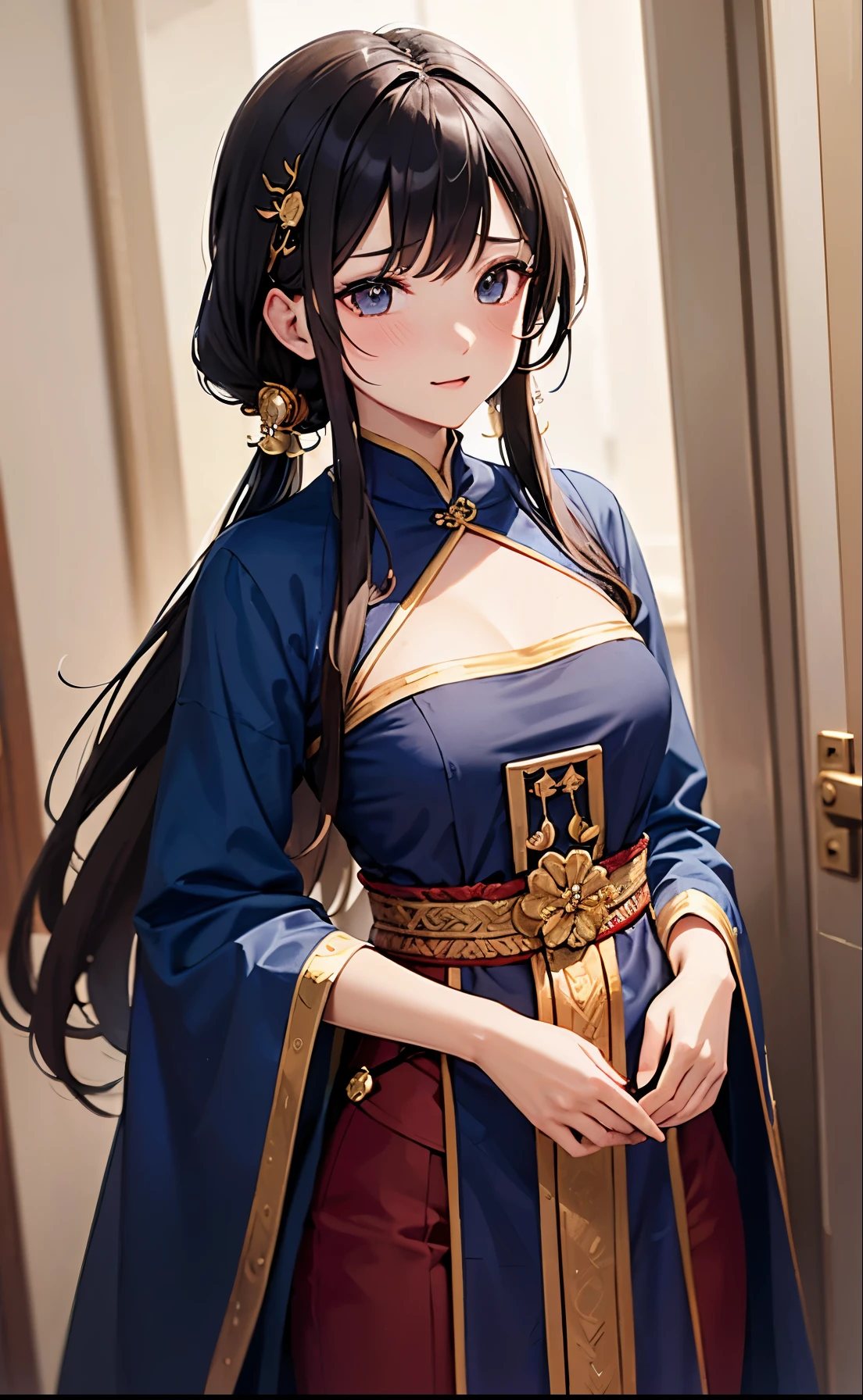 Anime girl in blue and red dress standing in front of a door - SeaArt AI