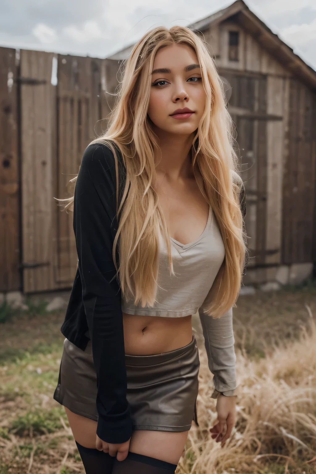 one full body photo of Dasha leaning against a barn wearing a tight shirt and short skirt and black stockings and high heels, 20 year old woman, showing full legs, perfect face, masterpiece, blue eyes, hair is [long|(blonde:1.7)], petite, [(extremely detailed:1.5)|(matte:1.7)|healthy] human skin', (extremely detailed face:1.5), ([(realistic:1.125)|(matte:1.125)|extremely detailed|natural|beautifully styled] human hair:1.5), ([gorgeoueautiful|sexy] [eyeace|lips|woman]:1.5), (large [hipake lipreasts]:1), human skin has [visible|[(wrinkles:0.625)|small pores]], ([human [head|hair|chest|hips|legeet]|well drawn|present| visible] in frame:1.25), cute nose, Russian, oval face