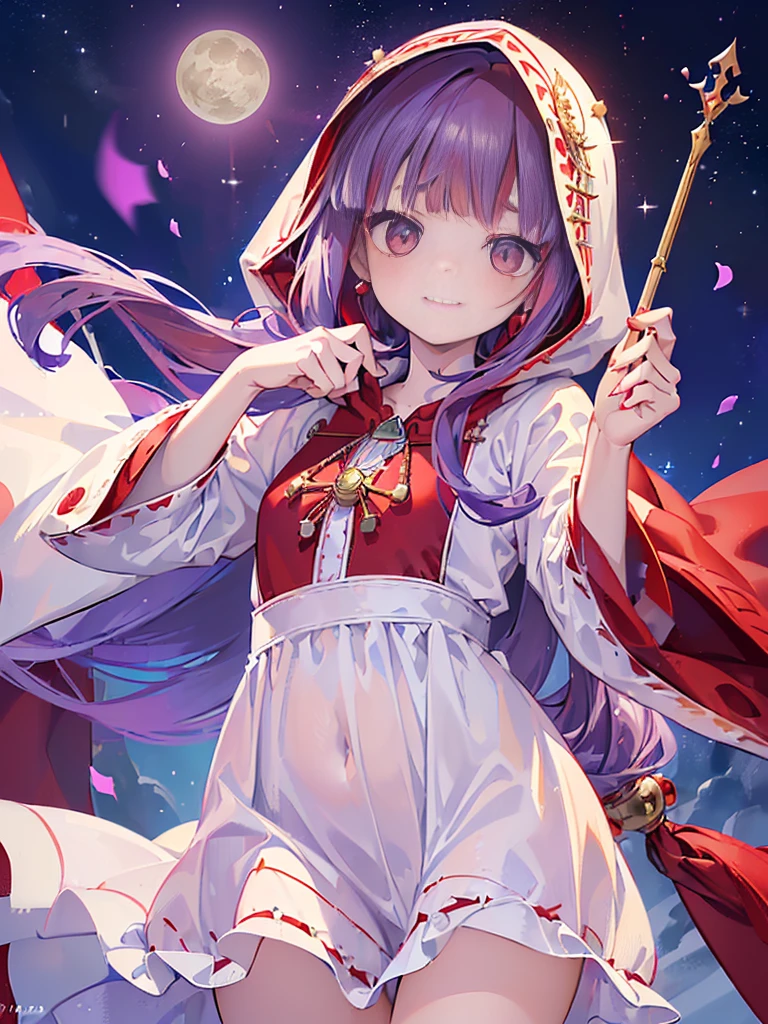 ((((Princess of Moonberg)))), ((1little girl)), 13years, ((drooing eyes)),(((deep purple hair))), ((Blunt bangs)), (Fluffy long hair), (Deep red eyes), Pearl earrings,
((((red hood)))), (Lotto emblem on hood), (((Red Stall))), ((White robe with red edging)),
full body shot, Super detailed shots, The Magic of Blizzard, a smile, New Year,