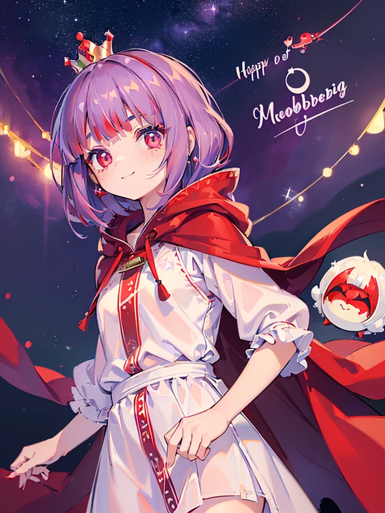 ((((Princess of Moonberg)))), ((1little girl)), 13years, ((drooing eyes)),(((deep purple hair))), ((Blunt bangs)), (Fluffy long hair), (Deep red eyes), Pearl earrings,
((((red hood)))), (Lotto emblem on hood), (((Red Stall))), ((White robe with red edging)),
full body shot, Super detailed shots, The Magic of Blizzard, a smile, New Year,