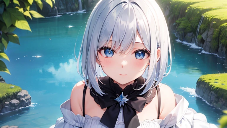 Her eyes were shining、Mysterious and enchanting atmosphere。With AI Painting、とてもShort Hair, Long bangs between the eyes, Grey Eyes , Very detailed,(masterpiece、Highest quality)、alone、Gray Hair、Fantasy, Silver Hair, Beautiful Eyes,Ecstasy, charm, attract the audience, Fantasyな風景、White shirt、smile、Open your mouth、Scarf、short hair、Short Hair、hairpin、Dark Eyes