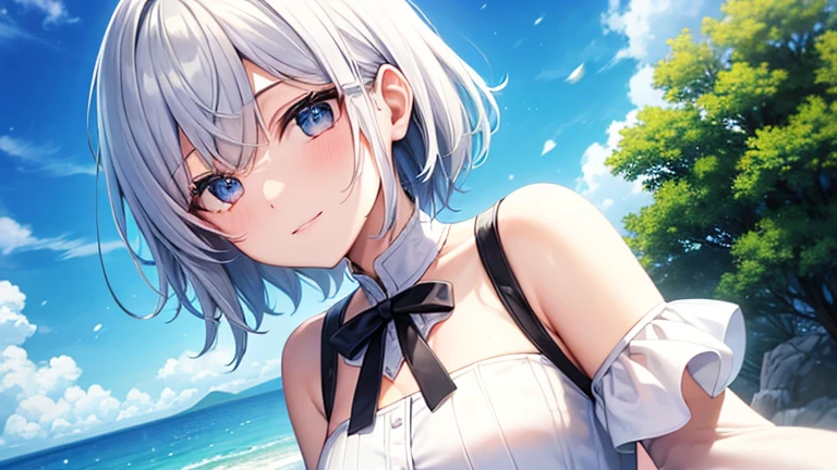 Her eyes were shining、Mysterious and enchanting atmosphere。With AI Painting、とてもShort Hair, Long bangs between the eyes, Very detailed,(masterpiece、Highest quality)、alone、Gray Hair、Fantasy, Silver Hair, Fantasyな風景、White shirt、smile、Open your mouth、Scarf、short hair、Short Hair、hairpin、black eye、Grey Eyes、Beautiful Eyes