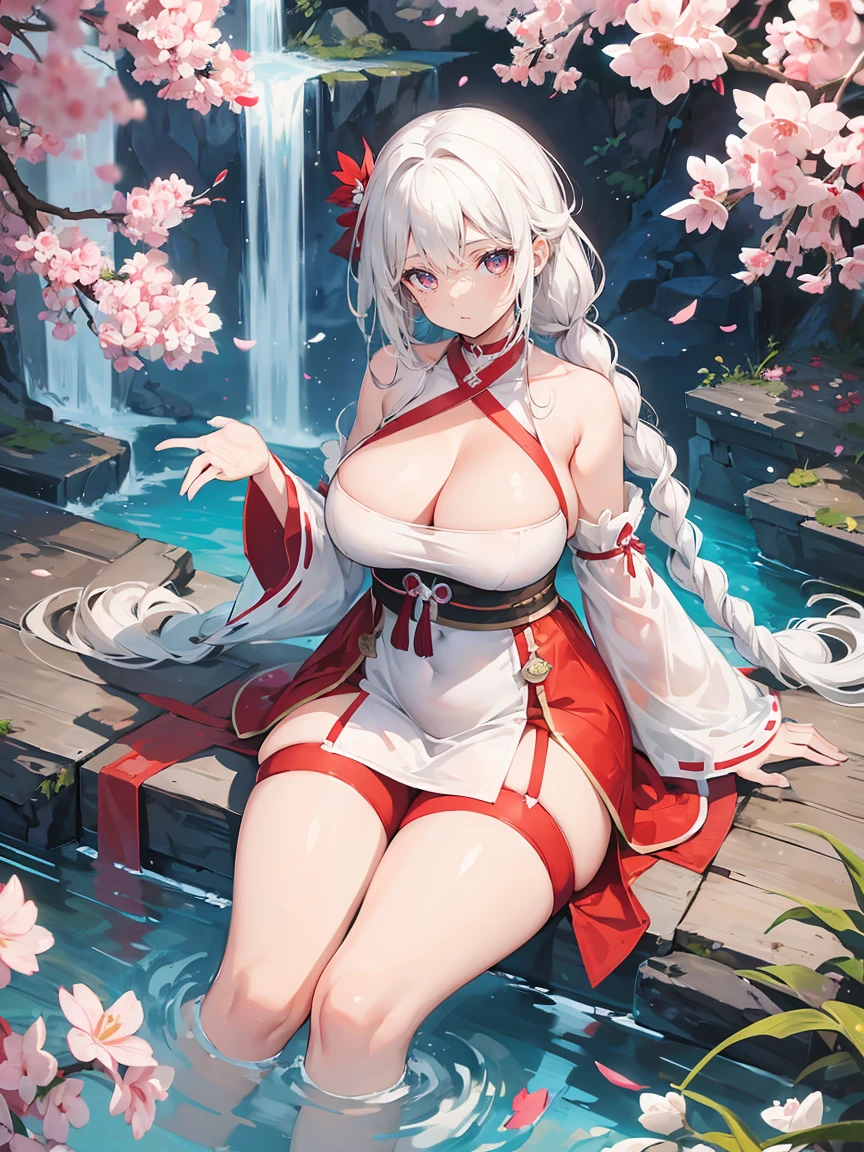 1girl, , curvy figures, seductive smile, full body, white hairs, red eyes, white dress, braided hairstyle, sakura tree, water, high res, (masterpiece)