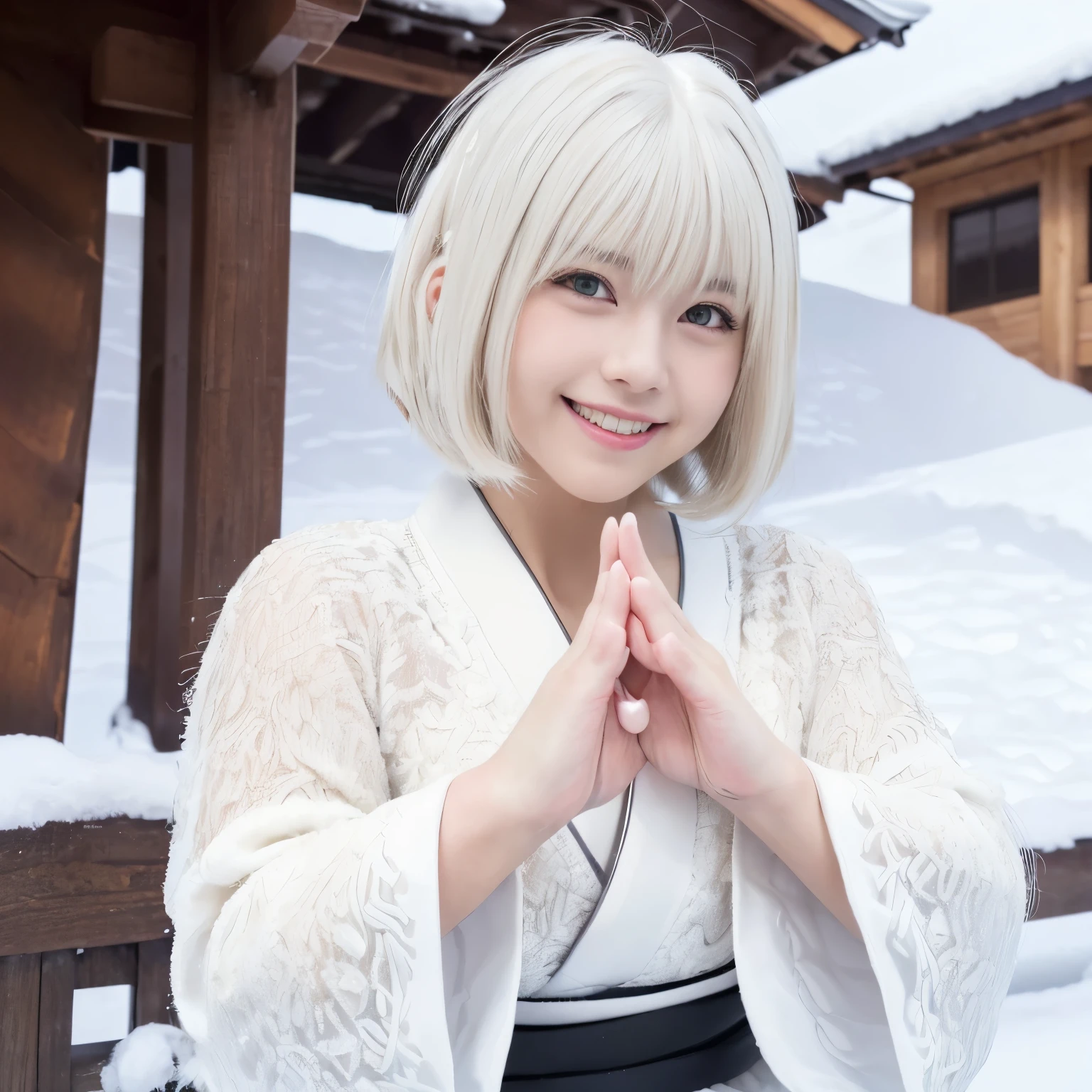 ((Best-quality, Masterpiece, Ultra-High-Resolution, (Photorealistic:1.4), Raw-Photo, Extremely-Details, Perfect-Anatomy)), 1girls, 18-years-old, the most popular Japanese-idol, at heavy-snowy-mountain, ((paw-pose):1.3), grinning, open mouth, extremely cute face like a most famous Japanese-idol, extremely beautiful big-black-eyes, (((((extremely beautiful white-medium-bob-haired):1.3)))), extremely beautiful lips, extremely beautiful white-teeth, extremely beautiful white-skins, wearing only white-KIMONO, detailed heavy-snowy-mountain, detailed white-KIMONO, detailed paw-pose