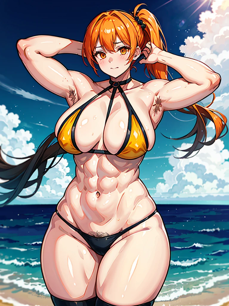 (((masterpiece、Highest image quality、highest quality、highly detailed unity 8kwallpaper)))、((Illustration of one girl))、(((beautiful girl)))、((orange hair、side ponytail、sidelocks:1.4、orange eyes))、((stocky build, thickset physique:1.3, muscular legs, broad shoulders, solid chest:1.3, Armpit Hair:1.4、hairy armpits)))、swimsuit、sandy beach