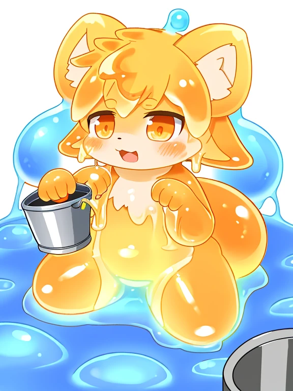 HDR, Excellent quality, 1. Slug Girl, white transparent body, transparent skin, translucent body, detailed slime body, (lying down:1.4) on the stomach, legs bent at the knees, petite curvy loli,one eye covered, Fox ears, Foxtail, short tail, One Tail, with a beautiful face, ssmile, woods