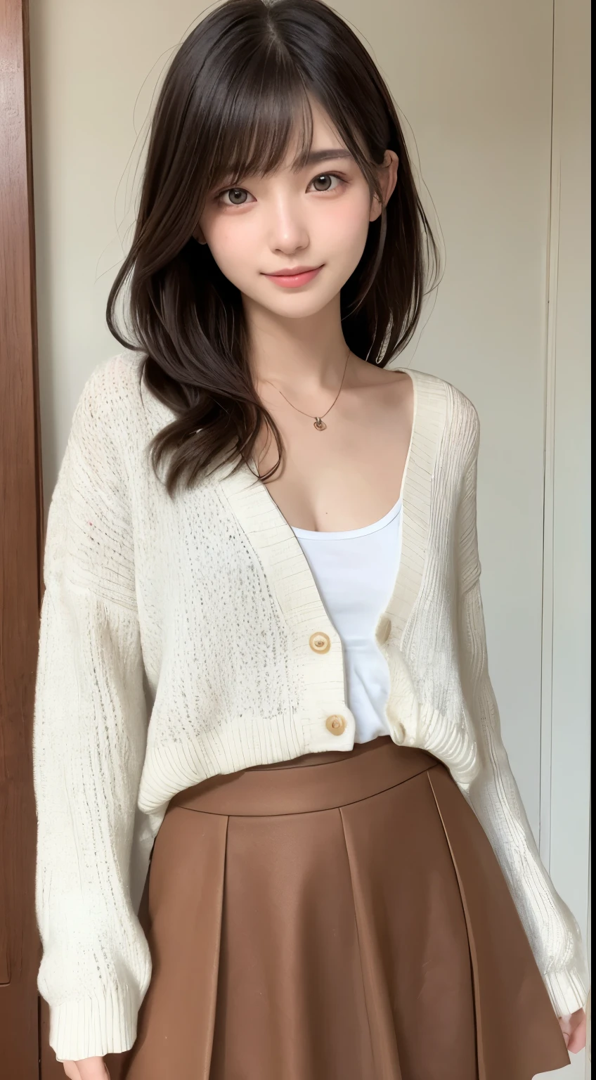 smile、laugh, Laughter、 White panties、night、Raw photo、(((ultimate beauty portrait)))、((glowing skin))、1 girl、15 year old beautiful girl from Prague、bright look、((brown hair))、(cleavage)、(flare skirt:1.5)、((Big eyes that shine like jewels))、open cardigan、open your clothes、pantyhose、Glossy and glossy skin、(medium hair)、(silky ponytail hair)、( Are standing)、(from below)、under the skirt、(from below下着の接写)、eyeliner、beautiful bangs、hair between eyes、((masterpiece、最high quality、super detailed、film light、intricate details、High resolution、very detailed))、detailed background、8KUHD、Digital single-lens reflex camera、soft light、high quality、film grain、Fujifilm XT3 、shallow depth of field、natural soft light、Kamimei、rich bust