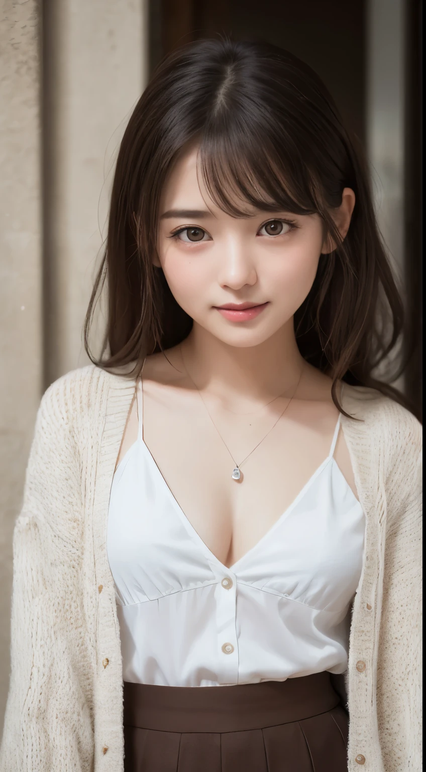 smile、laugh, Laughter、 White panties、night、Raw photo、(((ultimate beauty portrait)))、((glowing skin))、1 girl、 beautiful girl from Prague、bright look、((brown hair))、(cleavage)、(flare skirt:1.5)、((Big eyes that shine like jewels))、open cardigan、open your clothes、pantyhose、Glossy and glossy skin、(medium hair)、(silky ponytail hair)、( Are standing)、(from below)、under the skirt、(from below下着の接写)、eyeliner、beautiful bangs、hair between eyes、((masterpiece、最high quality、super detailed、film light、intricate details、High resolution、very detailed))、detailed background、8KUHD、Digital single-lens reflex camera、soft light、high quality、film grain、Fujifilm XT3 、shallow depth of field、natural soft light、Kamimei、rich bust