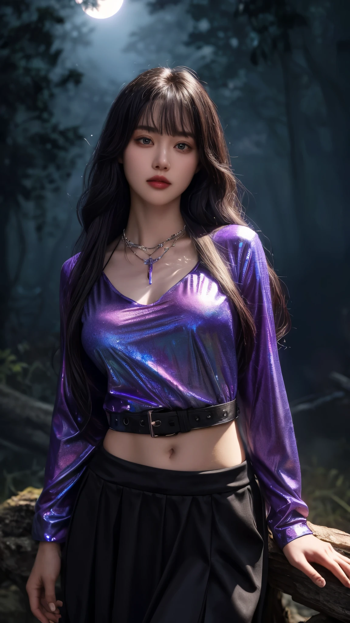 Beautiful 20 year old woman, Dreamlikeart, highly detailed airbrush art (((surreal)), intricate details, volumetric lightinasterpiece: 1.2), (best quality), 4K, ultra detailed, (dynamic composition: 1.4), highly detailed colorful details, (iridescent colors: 1.2), (bright lighting, atmospheric lighting), dreamy, magical, dynamic composition, ray tracing, specular lighting, shallow depth of field, crazy details, hyper-detailed, mixing exposure, HDR, In a battle against the Abyss' invasion, made a deal with an Evil God and gained immortality in the power of shadow, she'd been hiding among the shadows, silently waiting for the appearance of the Heart of Anima–a broken piece from the Twilight Orb that was said to be the key to retrieving her lover's soul, strong moonlight forest atmosphere, cop shirt printed top, black belt skirt, abyssal necklace, main outfit color is purple, black is second color, cowboy shot, midshot, centered image, eye on camera, look at the viewer, front look, closer, black long hair with bangs, gorgeous hair, tiny chest
