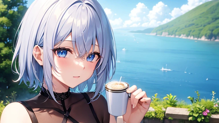 super high quality, with a girl, 20-year-old, とてもshort hair, long bangs between the eyes, pale blue eyes , blue sky, sunlight, very detailed,(masterpiece、highest quality)、alone、gray hair、laughter、White skin as clear as snow、fantasy, silver hair, black eye, beautiful eyes,, ???????, Charm, be smitten with audience, short hair,blue sky , sunlight,fantasyな風景,looking down from above、