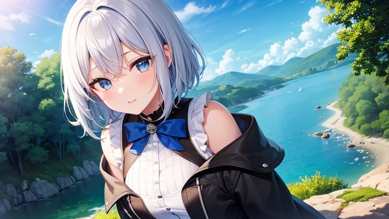 super high quality, with a girl, 20-year-old, とてもshort hair, long bangs between the eyes, pale blue eyes , blue sky, sunlight, very detailed,(masterpiece、highest quality)、alone、gray hair、laughter、White skin as clear as snow、fantasy, silver hair, black eye, beautiful eyes,, ecstasy, Charm, be smitten with audience, short hair,blue sky , sunlight,fantasyな風景,looking down from above、
