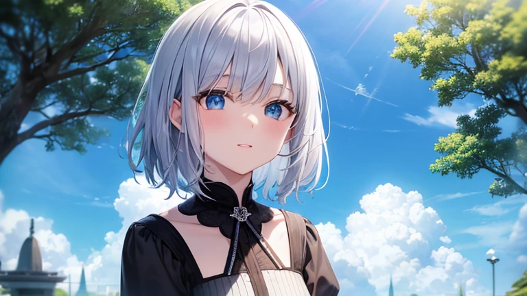 super high quality, with a girl, 20-year-old, とてもshort hair, long bangs between the eyes, pale blue eyes , blue sky, sunlight, very detailed,(masterpiece、highest quality)、alone、gray hair、laughter、White skin as clear as snow、fantasy, silver hair, black eye, beautiful eyes,, ecstasy, Charm, be smitten with audience, short hair,blue sky , sunlight,fantasyな風景,looking down from above、