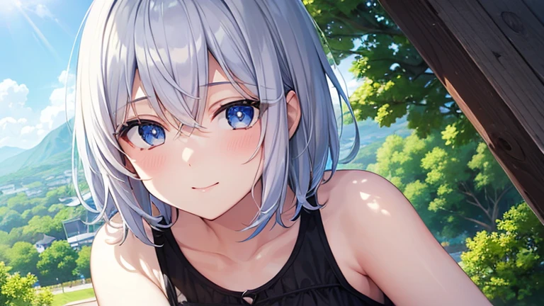 (((best quality)), ((masterpiece)), (details), masterpiece, best quality, high quality, ulutra detailed, perfect face, ((1girl, blue eyes, cat ears: 1.3 silver bob hair: 2.5,)) 、Shiny Hair、Glowing Skin、blush、Lustful look、smile、Eat large rice balls、garden、blue sky、Side Angle、Gobble、T-Shirts、I can see your toned stomach、Denim shorts、High-top sneakers、