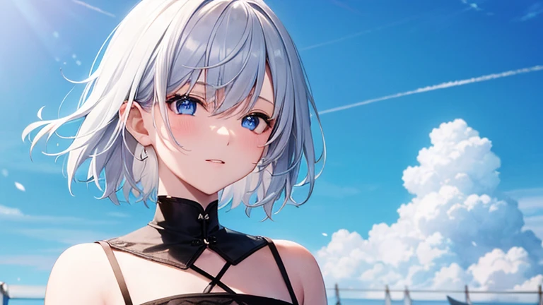 masutepiece, Best Quality, 1girl in, 

Short hair, Blue eyes, Silver hair, Wavy Hair, Blunt bangs, hair clips, coat, Dress, Choker, 

depth of fields, Portrait,　small tits　teats