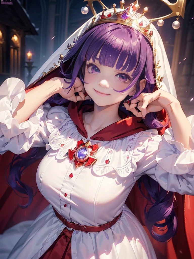 ((((Princess of Moonberg)))), ((1little girl)), 13years, ((drooing eyes)),(((deep purple hair))), ((Blunt bangs)), (Fluffy long hair), (Deep red eyes), Pearl earrings,
((((red hood)))), (Lotto emblem on hood), (((Red Stall))),  ((White robe with red edging)),  
 full body shot, Super detailed shots, The Magic of Blizzard, a smile, New Year,
