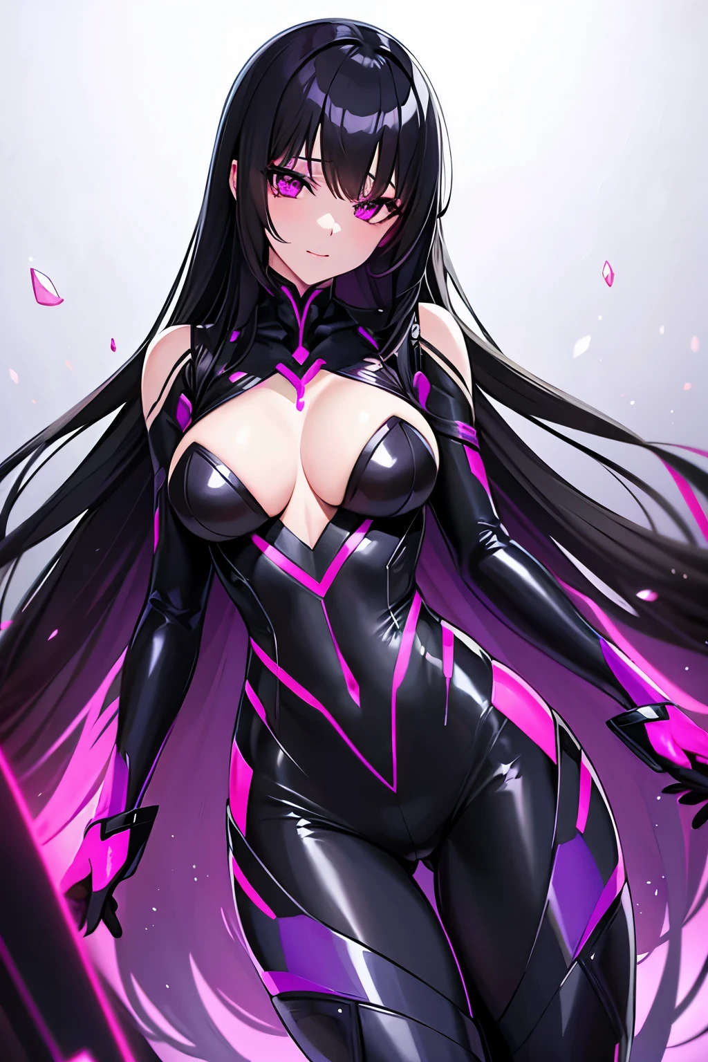 synthetic woman, beautiful, black hair, magenta eyes,