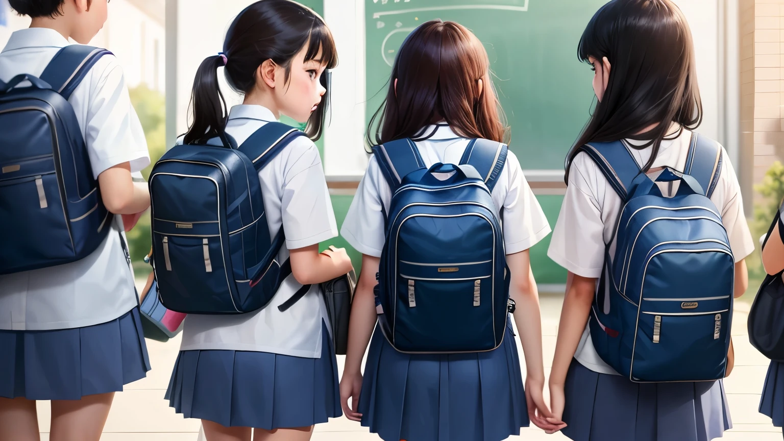 A group of primary school students playing in the campuhausted,tired,sad, depressed,blue school uniform,Children carrying schoolbags,HD,masterpiece,reality