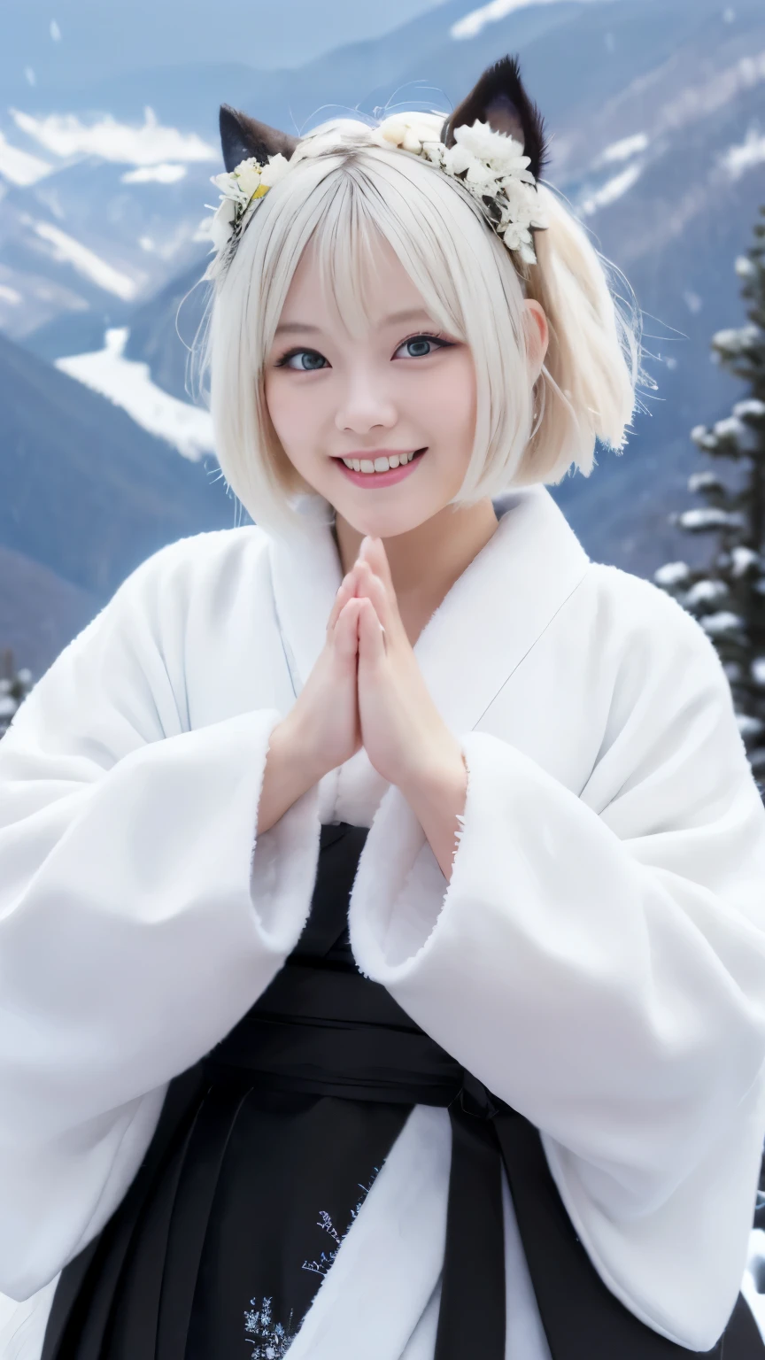 ((Best-quality, Masterpiece, Ultra-High-Resolution, (Photorealistic:1.4), Raw-Photo, Extremely-Details, Perfect-Anatomy)), 1girls, 18-years-old, the most popular Japanese-idol, at heavy-snowy-mountain, ((paw-pose):1.3), grinning, extremely cute face like a most famous Japanese-idol, (((((extremely beautiful big-black-eyes, extremely beautiful white-medium-bob-haired))))), extremely beautiful lips, extremely beautiful white-teeth, extremely beautiful white-skins, wearing only white-KIMONO, detailed heavy-snowy-mountain, detailed white-KIMONO, detailed paw-pose