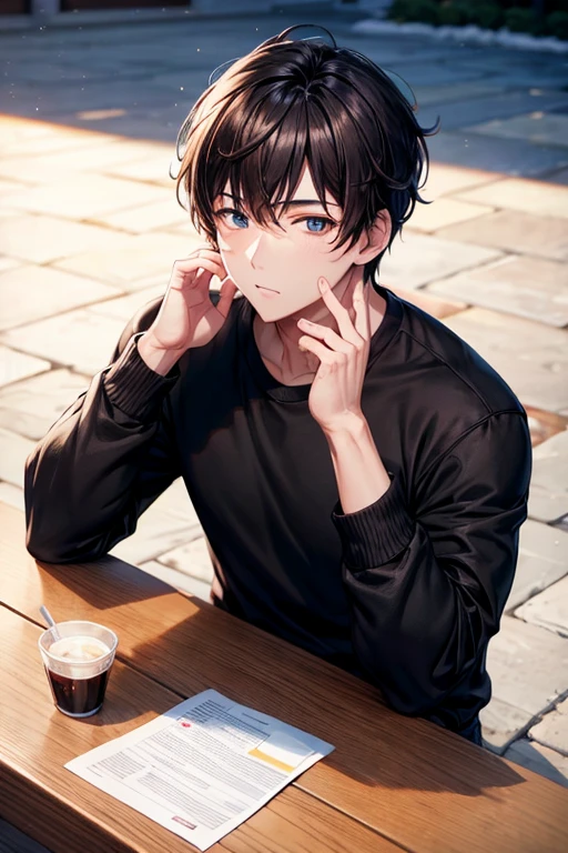 Winter Park、Sunny day、a handsome guy、with short brown hair, Black sweatshirt、long sleeve、Exhaled breath is white、High resolution、In 8K、sharp focus、zoom、with the best quality