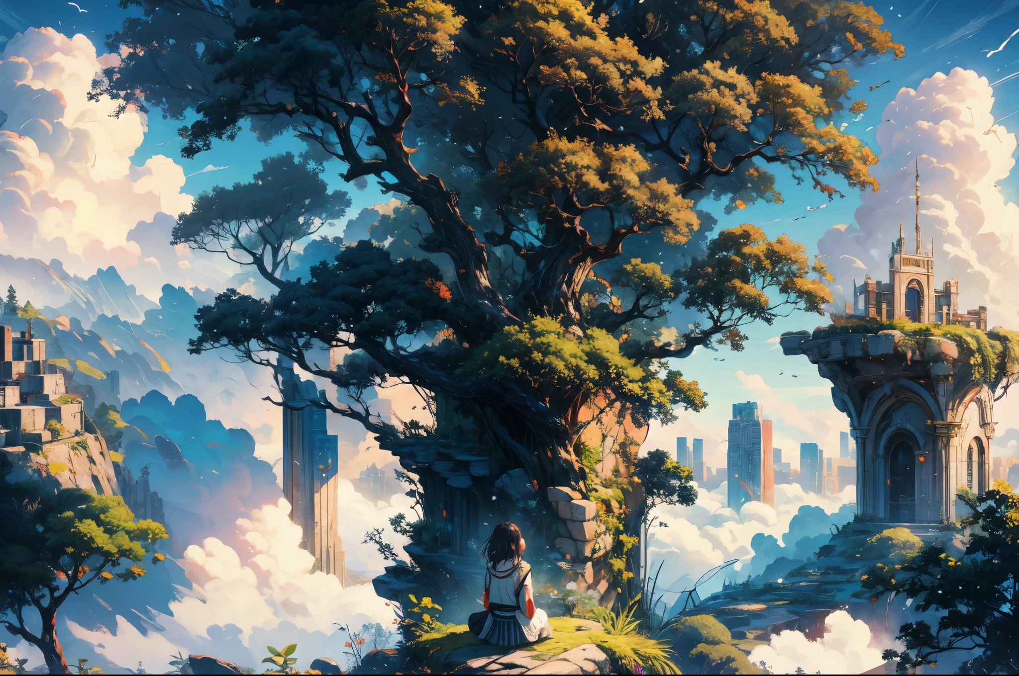octane render,8K resolution concept art, realism,by Mappa studios,masterpiece,best quality,official art,illustration,ligne claire,(cool_color),perfect composition,absurdres, fantasy,focused,(in the air),(above the cloud:1.4),(finely detailed ancient lost_city:1.3),(lost_city towering above the clouds:1.2),epic,(focus_girl:1.4),(girl in city peak of Broken bridge), sitting on the verge of that bridge looking at the far horizons,rule of thirds,anime_face,fine-tuning face, detailed eyes,cute face,black hair, finely detailed fantasy traveler clothes,calm expression ,overhead_viewer,wind blow at viewer,fantastic plant,book,(Giant World Tree),motion,(depth_of_field), extension image, view from above