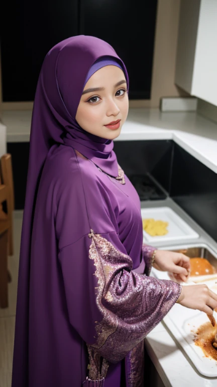 8K, top view, a woman named mira wears hijab and baju kurung, modest bust, in a malay village, in the kitchen preparing some food at night, gloomy and dark surrounding, absurdres, sharp focus, painting, watercolor art, 