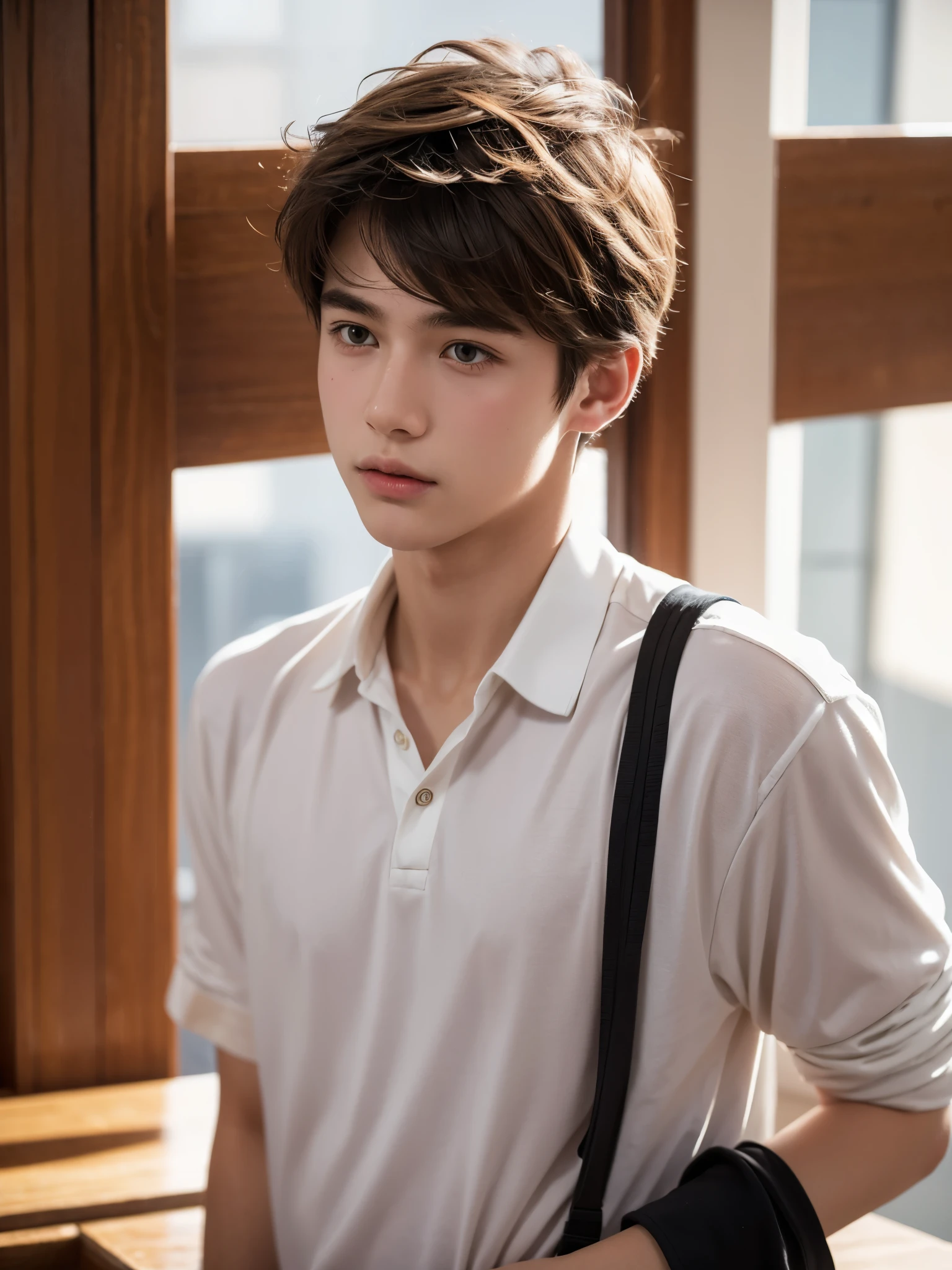 boy, 17 y.o, handsome, semi-caucasian face, comma hair, school