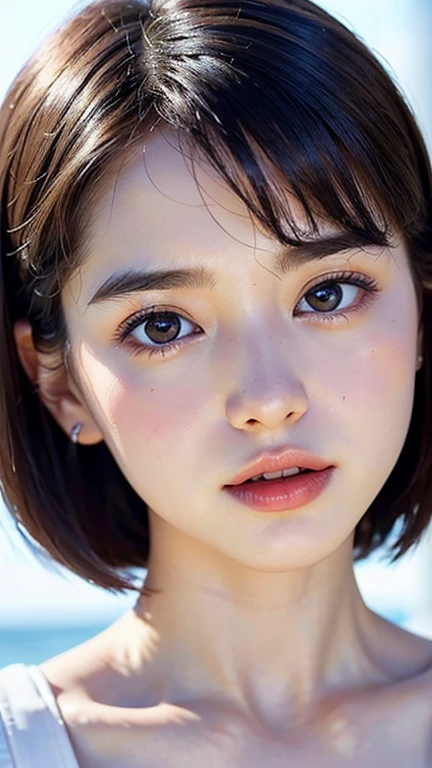 masterpiece、highest quality、Super high resolution、(photo-realistic:1.4)、((1 girl、pale white skin:1.4、close up of face、19 years old、spotless、cute little、black haired、beaver_cut、short hair、small breasts:1.6))(bikini swimwear:1.portrait of famous japanese actress)、(laughter、happiness、joy、Hilarious、close your mouth)、、highly detailed eyes、really pure white background、long neck、bangs、Eye of Lashaig、beach、full body esbian、Pause