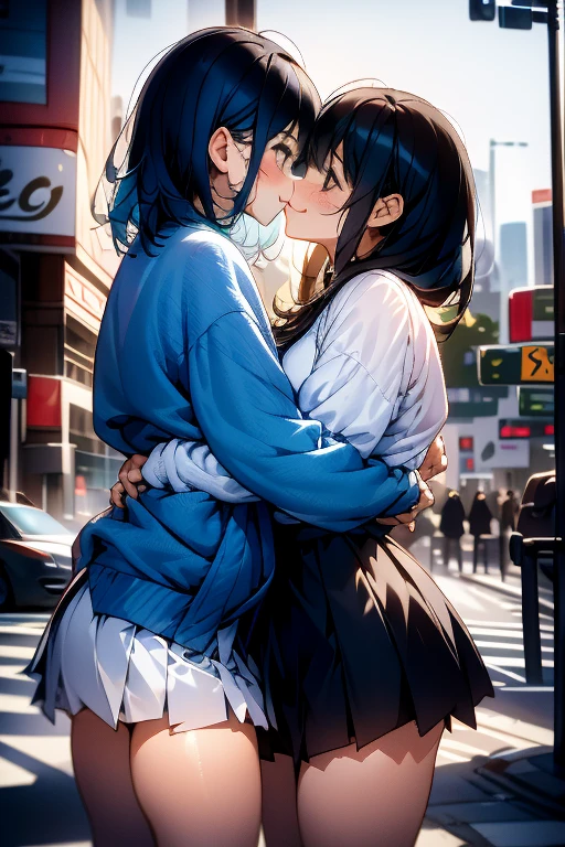 masterpiece, highest quality, confused, perfect anatomy, two girls, Hug face to face, shrug \(clothing\), long sleeve, mini skirt, Are standing,kiss, city, outdoor, cowboy shot, smile, blue hair and black hair,
