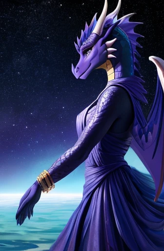 Generate a detailed, lifelike depiction of Moonwatcher from the Wings of Fire series by Tui T. Sutherland. Moonwatcher, a NightWing with shimmering scales, stands at approximately 5 feet and 6 inches tall, with a graceful and slender physique. Her deep indigo scales glisten with an iridescent sheen, transitioning to a soft, silvery-green hue that evokes the radiance of moonlight.
Focus on her facial features: sculpt a delicate, pointed snout with slender nostrils and captivating, almond-shaped eyes that reflect a starry night sky. Her eyes should be vividly detailed, resembling the vast expanse of space, perhaps with a deep sapphire base and flecks of silver and purple.
Emphasize Moonwatcher's distinctive tail, measuring around 4 feet in length, which coils elegantly behind her. The tail is adorned with scales that exhibit a gradient from the darker indigo tones at the base to the ethereal silver-green shades towards the tip. Each scale should be intricately detailed, catching and refracting light as if capturing the essence of the moon's glow.
Ensure her overall posture and demeanor exude a sense of intelligence and curiosity. Include subtle details such as the delicate membranes between her elongated fingers, conveying her unique abilities and connection to the mystical powers of the NightWings. The scene could be set against a backdrop of a moonlit landscape, adding depth and context to Moonwatcher's portrayal." she is a dragon
