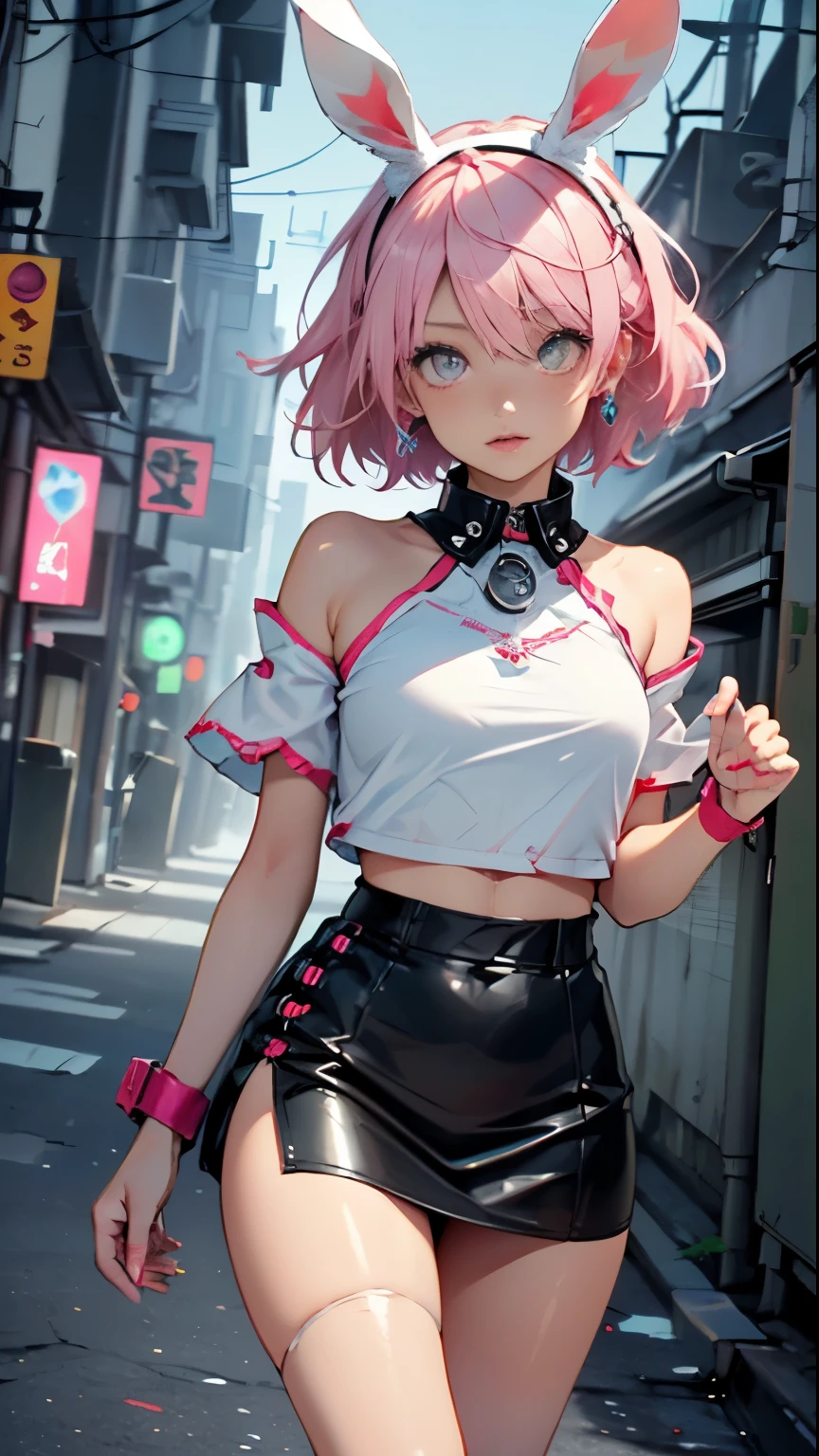 Lori the cute little rabbit,(((Little Lori, Tiny little body, Petite))), (((20 years old))),((Anime little bunny with very cute and beautiful twin-tailed pink hair walking down the street)),(((Bunny Girl,Antro Furry Cute,bunnygirl))),(((Bunny ears,Rabbit ears on the head,Big rabbit earlat chest))), (((Fuchsia Hair:1.35,short fuchsia hair,Colored inner hair,Ear breathing,))),((Heterochromia, Eye 1 Fuchsia, Eye 2 Pink, Perfect eyes, upward-eyed:1.3, Beautiful detailed eyes, finely detailed beautiful eye:1, big highlight on eyes:1.2, slanted eye)), (((Lustrous skin:1.5,bright skin: 1.5,skin tanned,Shiny skin,Very shiny skin,Shiny body,plastic glitter skin,exaggerated shiny skin))),(delicate detailed fingers,Detailed body,detailed arms,Human Hands, Detailed hand),
Cute,sluttish,,Erotic,NSFW,
zettai ryouiki,Revealing clothing,Show skin,((Rave Shirts, Fluorescent color shirt, Rave Miniskirt,Visible lace strap)),(Wearing a rave costume:1.3,Rave Clothing,seminude,with little clothing,),(detailed costume,detailed clothes),
(Dynamic Pose:1.0), Solo Focus, embarrassed, Centered, scale to fit the dimensions, thirds rule,
Outdoors, ((Night view)), (Cyberpunk Night Street Background: 1.5,dark sky,alleyway,Lonely alley,Thick clouds, Detailed background:1.25),
(Best Quality), (High resolution), (Sharp Focus), (ultra-detailliert), (Extremely detailed), (Very high quality artwork), 8K_Wallpaper, (Highly detailed CG in 8K),(Very fine 8K CG), ((hyper super ultra detailed perfect piece)), flawlesasutepiece))), Illustration, Vibrant colors, (Convoluted), High contrast, Selective lighting, double exposure, nffsw (High dynamic range), Post-processing, Background blur,