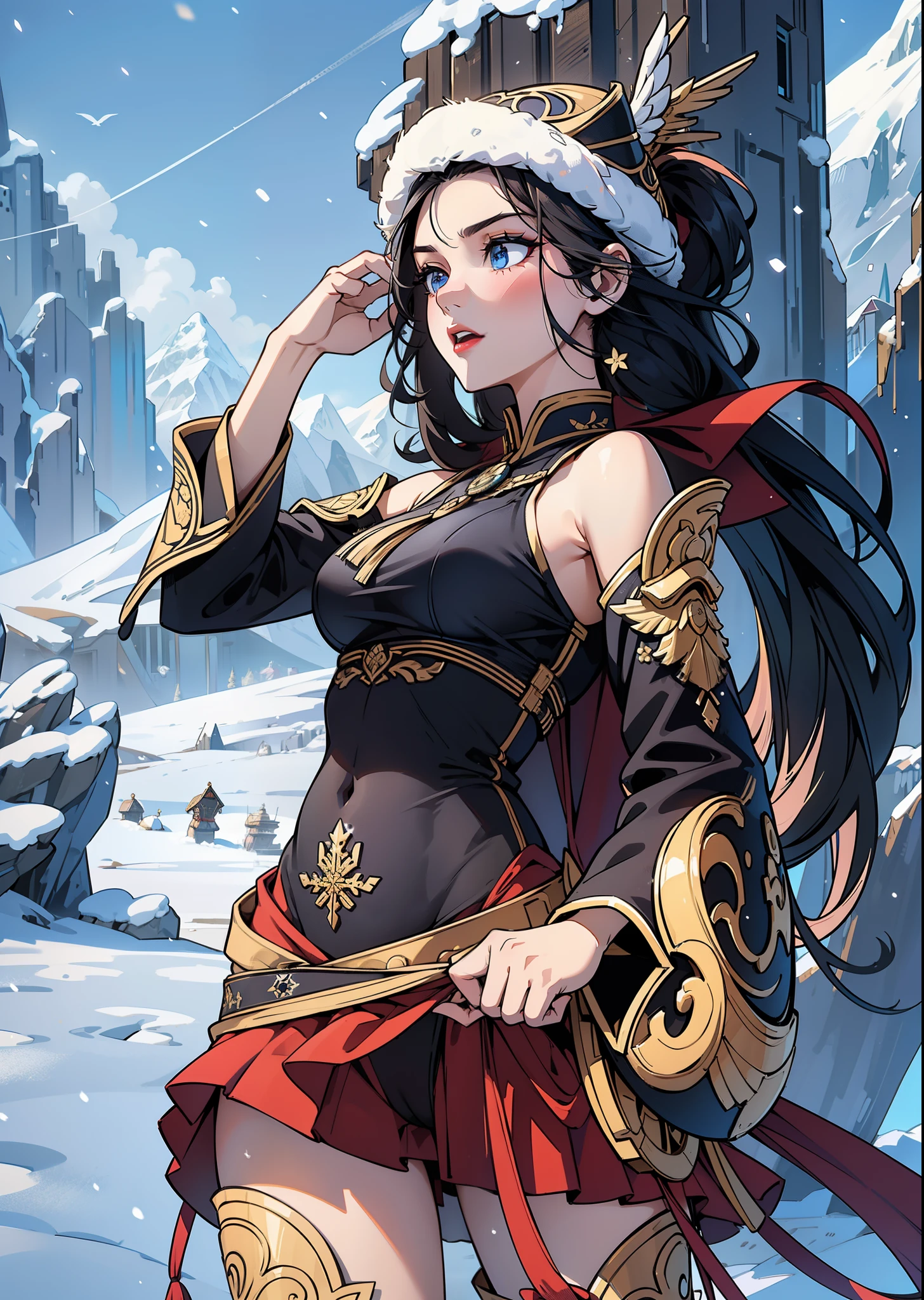 1womanl，3 year old girl，Small lolmallunderboob，Big breasts Thin waist，long leges，Raised sexy，Pornographic exposure， 独奏，Beauty contests，standing on your feet（Background with：the sea，snow mountains，warships，at winter season，Blizzarding，Big snowflakes）On warships， with his long black hair，Long hair flutters in the wind，dynamicposes，Sweat profusely，drenched all over the body，seen from the front， hair straight， mostly cloudy sky，（（（tmasterpiece），（Very detailed CG unity 8K wallpaper），best qualtiy，cinmatic lighting，detailed back ground，beatiful detailed eyeright pupils，（Very fine and beautiful），（Beautiful and detailed eye description），Blue eyes，Redlip，ultra - detailed，tmasterpiece，）），facing at camera，（The upper part of the body），A high resolution，ultra - detailed），revealing breastare genitalia，  Bulge，legs are open，sexyposture，Camel toelushed complexion，Open-mouthed，frontage，Tsarist Russian officer，Officer's cap（Wearing：White cloak，down jacket，White winter officer uniform，Sexy leggings，Armour，Gold wire embroidery，Snowflake decoration), serious pose