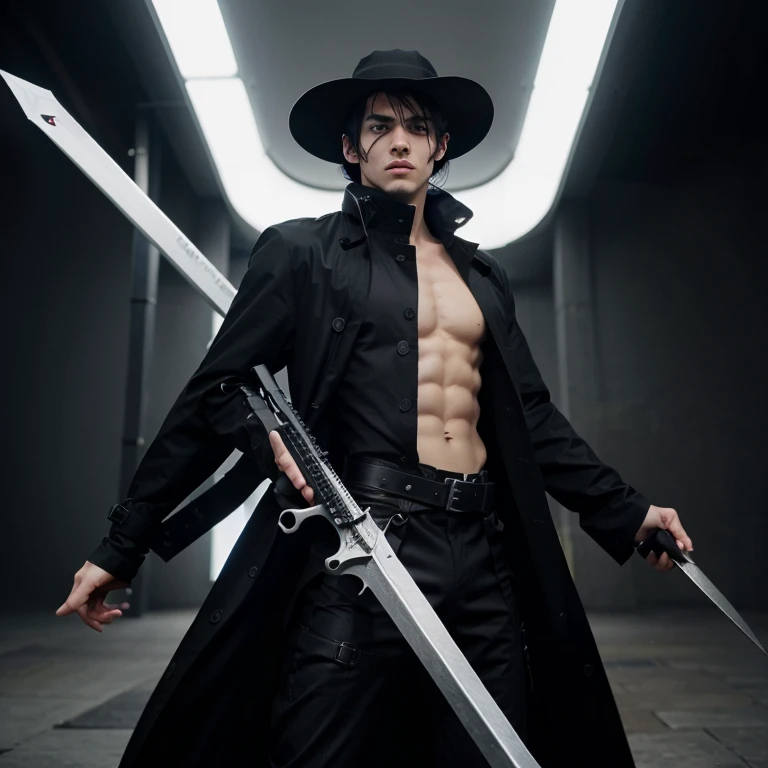 an anime character who is a tall, thin, strong, handsome man, with white skin, black hair and black eyes, has no beard, wears a black trench coat, black hat, 2 swords and two futuristic guns.  he has 4 arms.