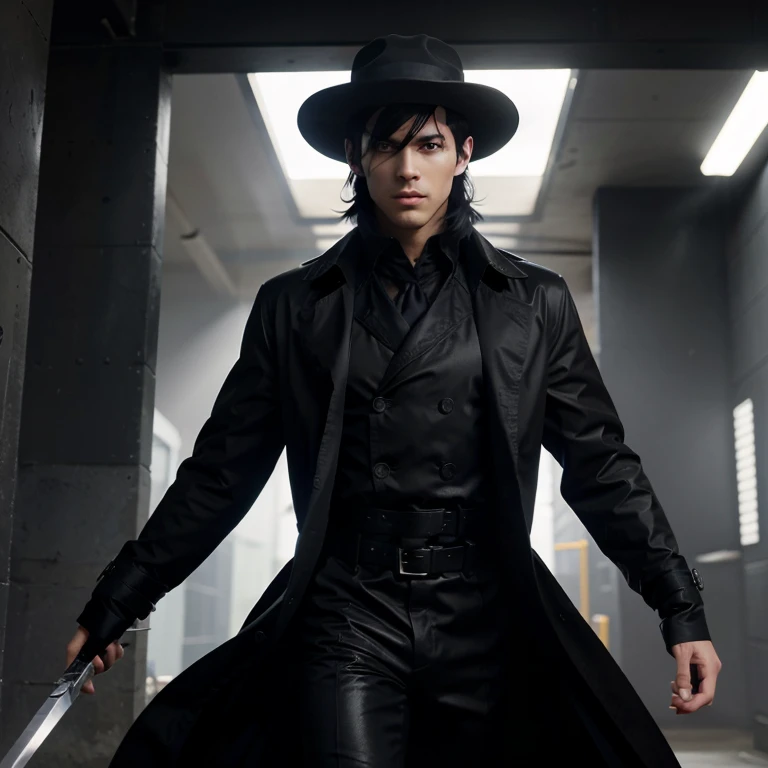 an anime character who is a tall, thin, strong, handsome man, with white skin, black hair and black eyes, has no beard, wears a black trench coat, black hat, 2 swords and two futuristic guns. he has 4 arms.
