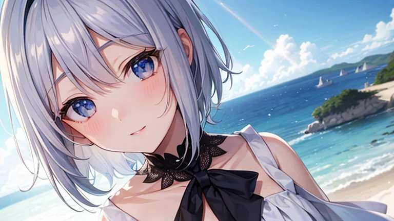 super high quality, with a girl, 20-year-old, とてもshort hair, long bangs between the eyes, pale blue eyes , blue sky, sunlight, very detailed,(masterpiece、highest quality)、alone、gray hair、laughter、White skin as clear as snow、fantasy, silver hair, black eye, beautiful eyes,, ecstasy, Charm, be smitten with audience, short hair,blue sky , sunlight,fantasyな風景,looking down from above、
