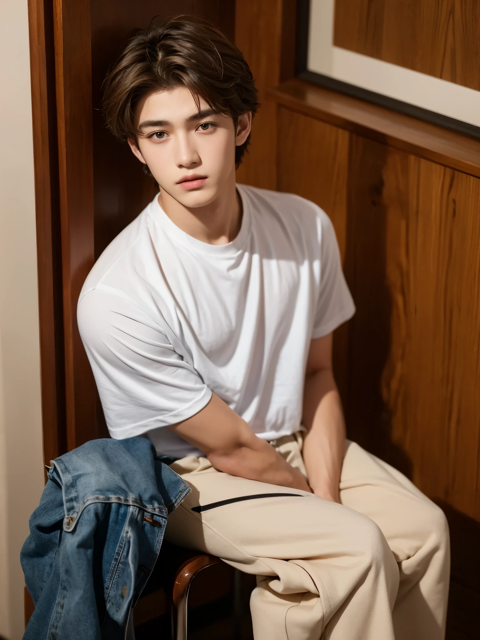 tmasterpiece，A boy with，18yr old，Asian people，Korea，Cotton and linen short sleeves，Excitation,Abs，Ancient wind，sitting on a stool，Spread your legs，looking at me