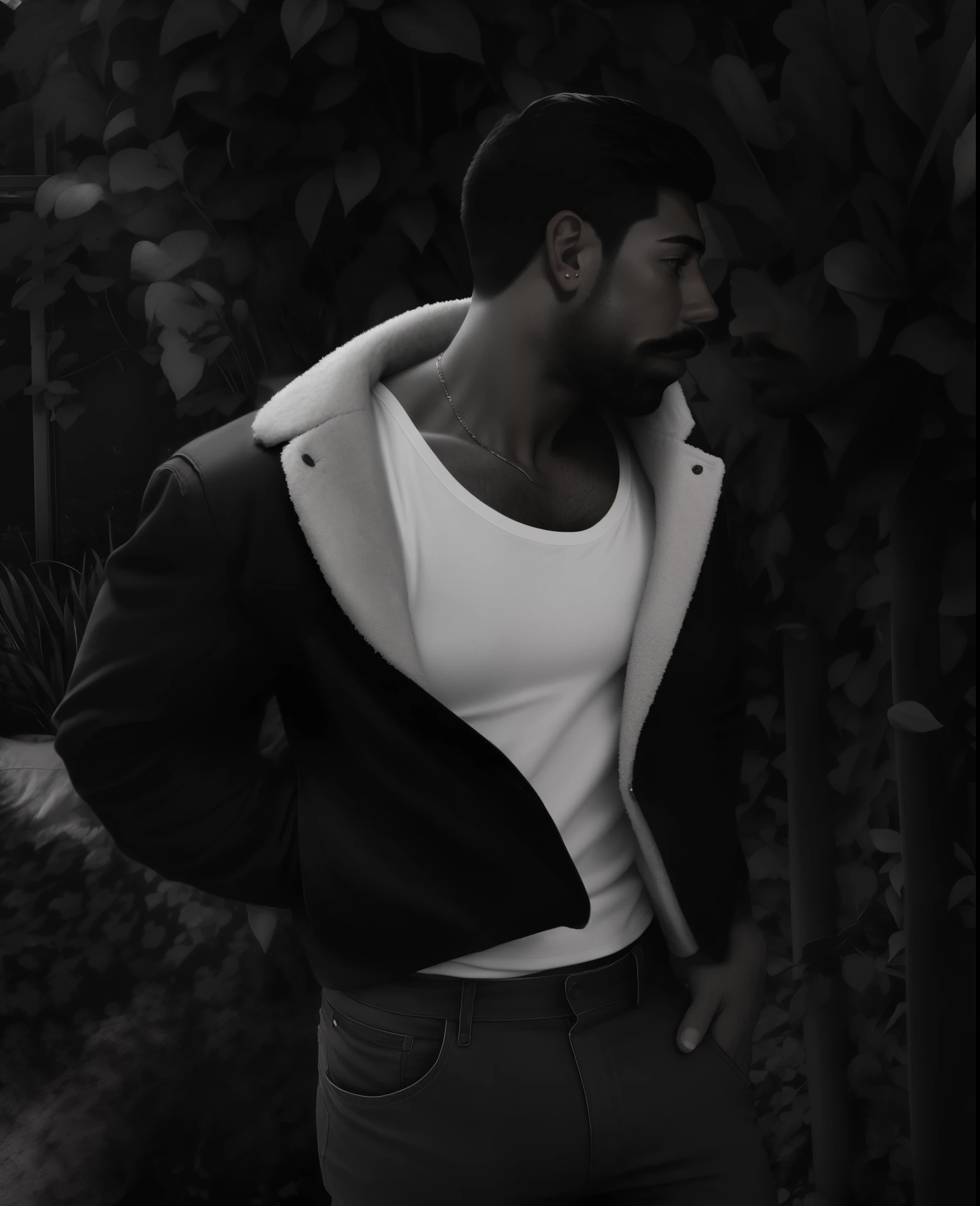 faaris azura standing in front of a cactus plant with a white shirt, faaris azura has a big french musctache, jacket over bare torso, handsome faaris aura