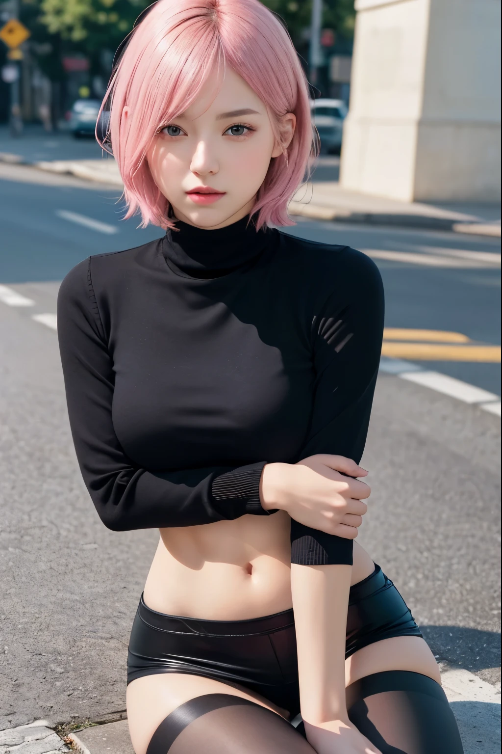 Black miniskirt, black clothes, shoulders are out, glued to the chest, 40k, photo, masterpiece, best quality, SFW, (1 girl blue eyes and light pink short hair), (miniskirt sexy_outfit: 1.3), (black clothes: 1.3), (shoulders are out,), facial expression (crying), (tears), (crying), (sad), (anxiety), background (night city), (night),