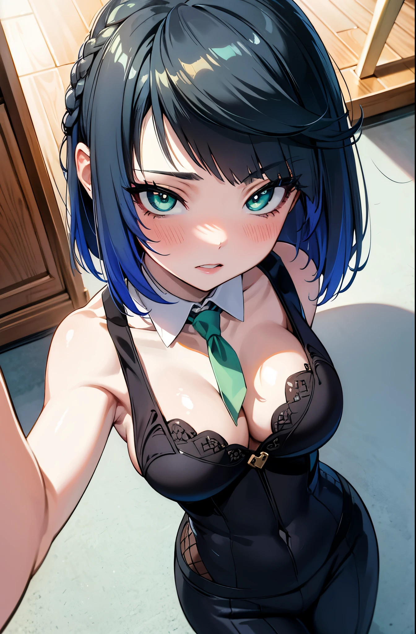 perfect body, sensual cleavage, medium breasts, feminine suit and tie, Ultra HD, 4k image, best image quality, (fidelity: 1.4), photoreal, light green eyes, eyelashes, beautiful pupil, shadows, slight blush, delicate facial features , reasonable facial features, exposed waist, natural poses